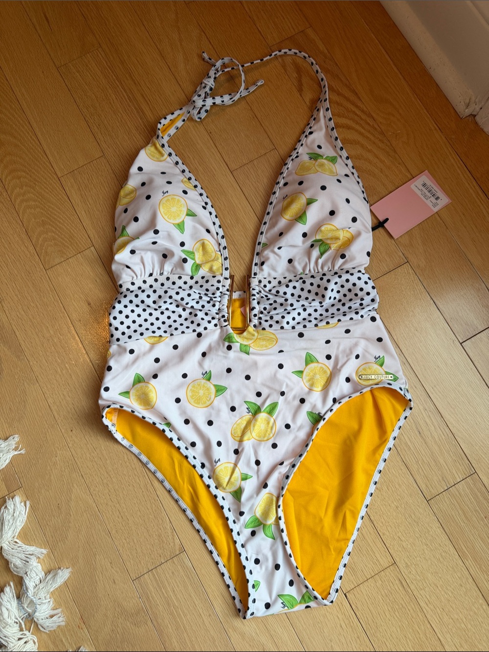 Juicy Couture One Piece Swimsuit Halter Deep V-Neck Yellow Lemons Medium NWT